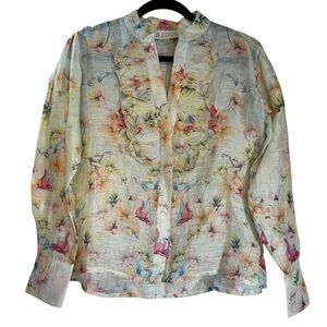 La Fuori Sheer Floral Silk Ruffle Blouse XS Long Sleeve Button Front NWOT